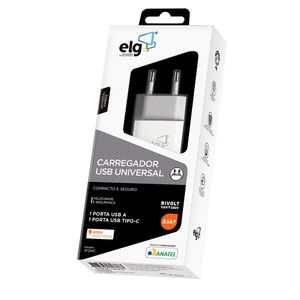 Carregador-de-Parede-ELG-Universal-W124C-1-Porta-USB-Tipo-C-e-1-Porta-USB-A-2.1A